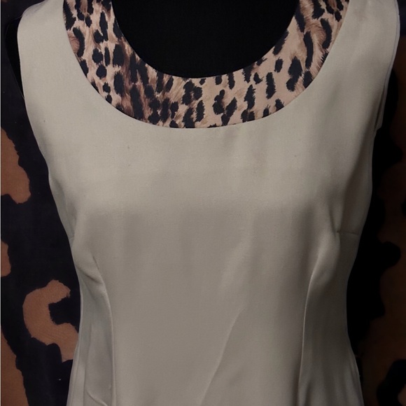 Tan sheath dress with leopard  animal print trim. - Picture 3 of 3